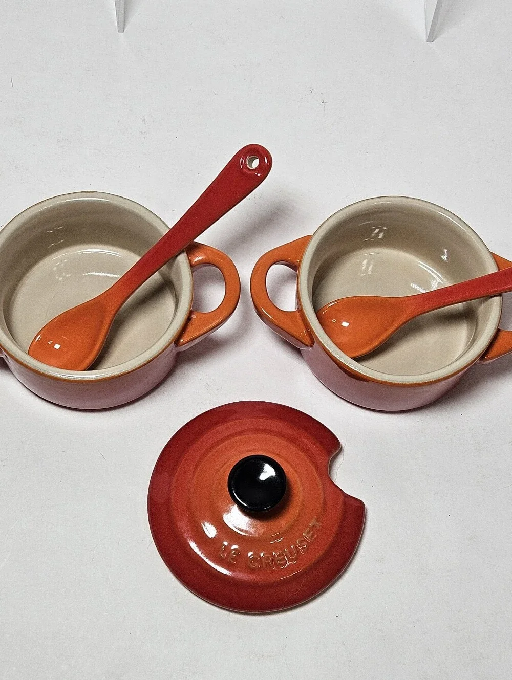 Le Creuset Mini Cocotte Set of 2 Flame Volcanic Orange Red w 2 Spoons 1 Lid